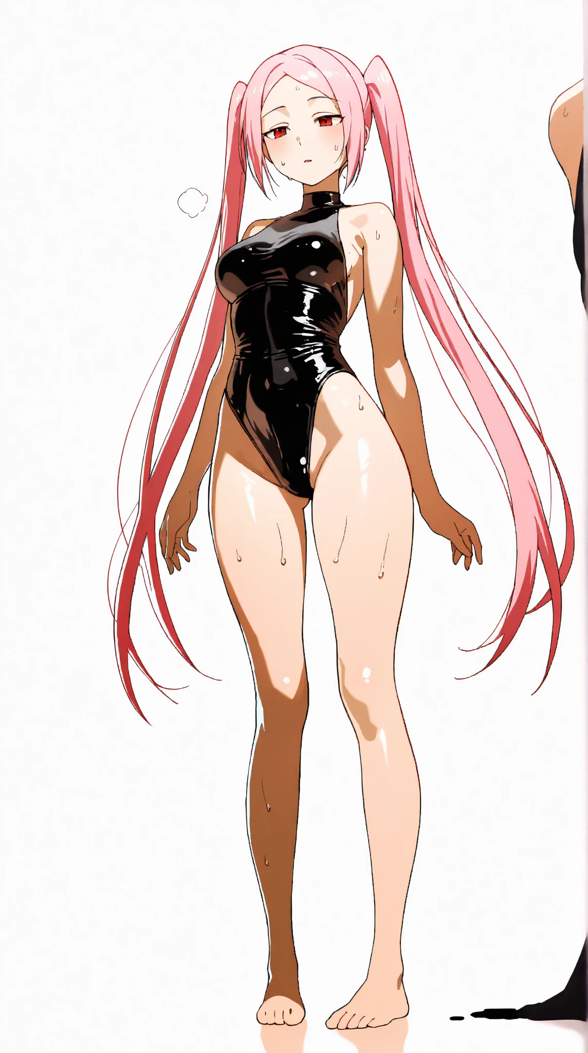(masterpiece),(Highest quality),(Dark aura),Melascula,(anime),Hollow Eyes,length_hair,pink_hair,purple_hair,鈍い前hair,leotard,Knee socks,White bodysuit,White cloth,Medium chest,belly button,stomach,magic,(smile),Are standing,Looking_in_Audience,two hands,Two legs,five fingers,evil background,, Wicked Smile, devilish aura (Shiny fabric:1.5),Dark world background,solo,feet,mos evil Smile,