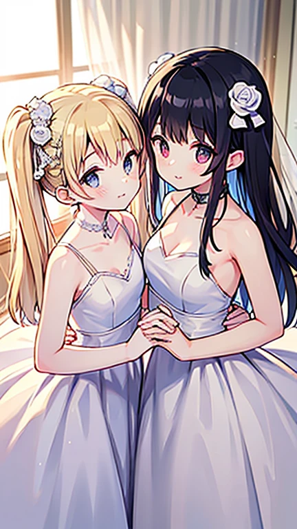 2girls, looks each other, symmetric, strapless, bride dress, simple background, smile, middle breasts, middle hair, blonde