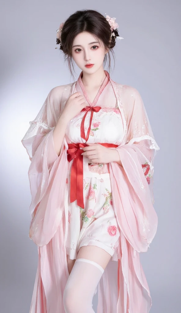hyper realisitc，Realistis，plumw，Bigchest，slenderlegs，China-style，Hanfu，Pink tulle clothes，Orange tulle clothes，Ancient Chinese street markets，Dignified，ellegance，Noble，Song Dynasty，the Tang Dynasty，adolable，stare into the distance