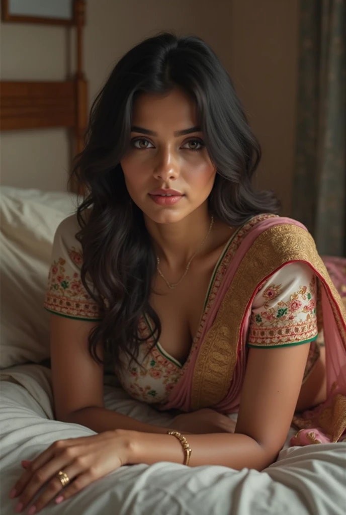 (best quality,4k,8k,highres,masterpiece:1.2),ultra-detailed,(realistic,photorealistic,photo-realistic:1.37),Indian woman, starry night, full moon, vibrant colors, detailed eyes and face, flowing hair, traditional Indian attire, peaceful atmosphere, moonlight illuminating the surroundings, sparkling stars, serene expression, beautifully adorned with jewelry, intricate henna designs on hands, artistic brushstrokes, oil painting, surreal landscape, dreamlike ambiance, ethereal beauty, mystical aura