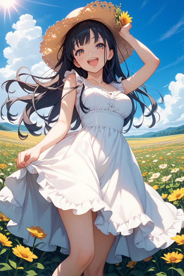 ((masutepiece)), ((Best Quality)), (Ultra-detailed), ((kawaii)), Cute, (lovely), ((Sexy)), (Ero), ((Extremely detailed)), 4K, (8K), Best Quality, (Beautiful), Anime style, Dynamic Angle, Upper body, folding arms, Colorful, full body focus, Sunflower, Beautiful sky, Summer, Cute little girl s, 1girl in, Solo, one piece dress, Beautiful light brown hair, Beautiful purple eyes, ((Beautiful eyes)), White-skinned, Long hair, large full breasts, a straw fedora hat, horseshoe-shaped hairband, Necklace, lightsmile, blush, Lens Flare, Wind-effect