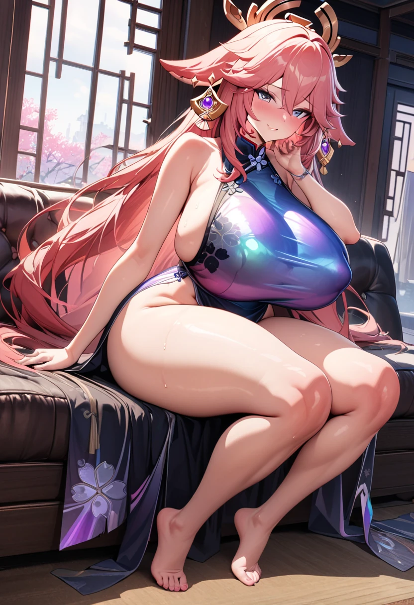 (masterpiece, best quality:1.2), intricate details, 1girl, animal ears, k/da (league of legends), pantyhose, blonde hair, cleavage, leotard, ahri (league of legends), fox ears, makeup, long hair, crystal, looking at viewer, bare shoulders, hair ornament, sitting, eyeshadow, multicolored hair, choker, lips, large breasts, blue eyes, strapless leotard, pink hair, thighs, realistic, (mature female:1.2),