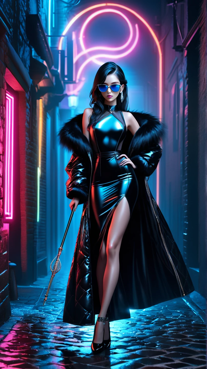 Model Lyriel sexy lady , A girl (( solo)) with black curly hair , with a face and body like Jodie Gasson , She is dressed in an unusual black coat with patterns and blue jeans , She stands in full growth against the backdrop of a night garden , Her boots are visible , Unusual embroidery on the coat in the form of patterns ,All coats in patterns , Front light .