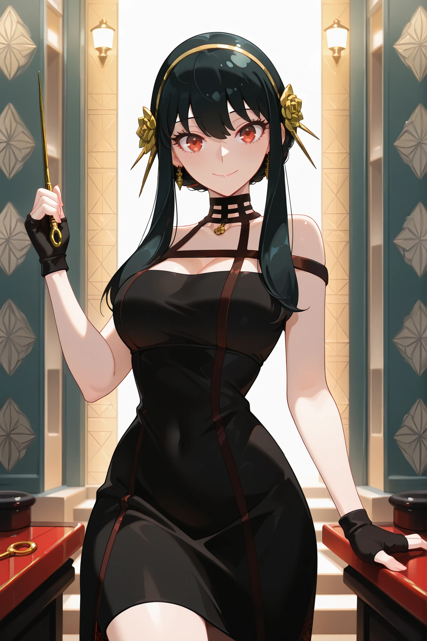 score_9, score_8_up, score_7_up, 1girl, solo, ((small breasts)), Yor_Briar, red_eyes, black hair, long_hair, single_hair_bun, sidelocks, medium_breasts, gold_hairband, hair_flower, earrings, strapless_dress, black_dress, fingerless_gloves, black_thighhighs, bare_shoulders, standing, shocked face, shaking, looking at down, ballroom