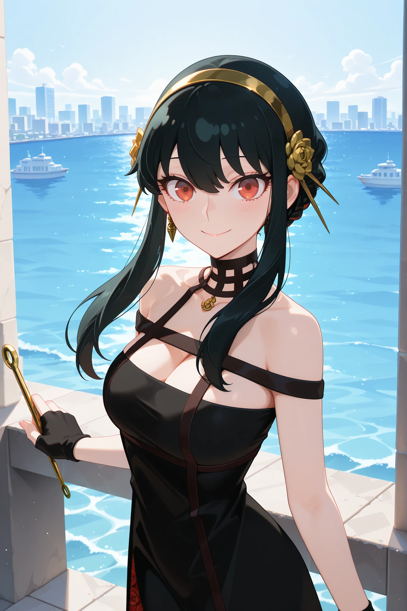 Masterpiece, Top Quality, Medium Bust, (Curvaceous), Tiny Waist, BREAK, Yor Briar, Yor Forger, 1 Woman, Black Hair, Red Eyes, Long Hair Short Hair, Gold Headband, Flower Headband, Black Choker, Black Dress, Sleeveless, Off Shoulder, Floral Print, Fingerless Gloves, Smiling, Looking at Viewer, Cowboy Shot, Outdoors, Ocean View, Cityscape, zzSantorini, 