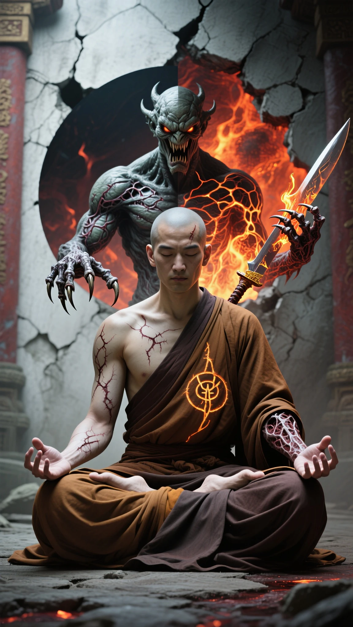 Ryomen Sukuna is a white-skinned man who looks 1000 years old. He has short pink hair that is pulled back and spiky. He has four blood-red eyes. He has four arms. He does not wear a shirt. He has tattoos on his face and body. He wears black sports pants and red shoes.