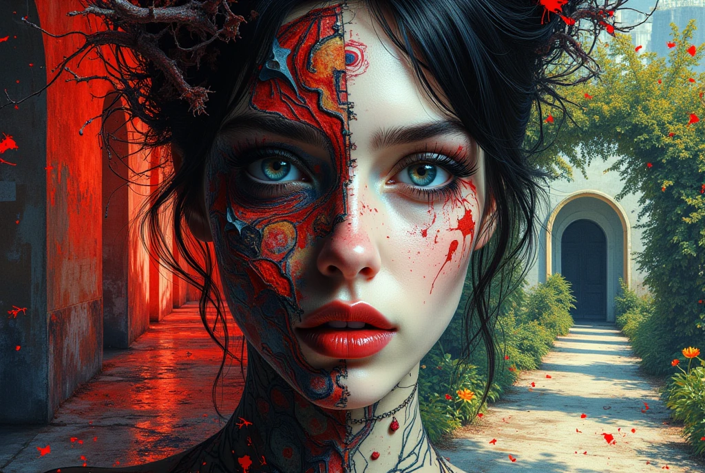 Hyperrealistic art imaginative dark gothic fantasy concept art,bleak,vibrant immersive woman's face split in half,left side is pale skin brightly lit,right side is dark cybernetic, Hyperrealistic art cinematic film still photography in the style of detailed hyperrealism photoshoot . Extremely high-resolution details, photographic, realism pushed to extreme, fine texture, incredibly lifelike