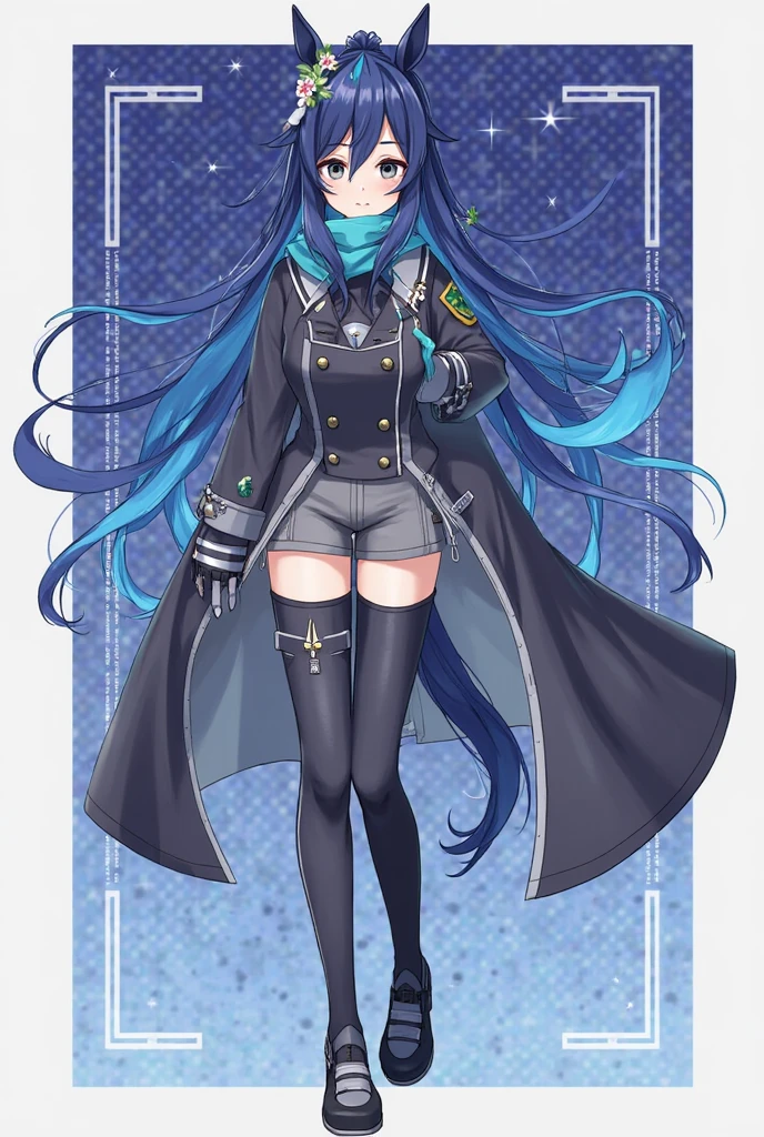teen girl, petite, blue eyes, sexy eyes, wearing blue bon, wispy bangs hair, dark indigo hair, black gloves, sexy, white astral dress, wearing glasses, rimless glasses, wearing black baret, ((medium boobs)), sexy pantyhose, front view, full body, hd, 4k, highly detailed, semi realistic, render, masterpiece