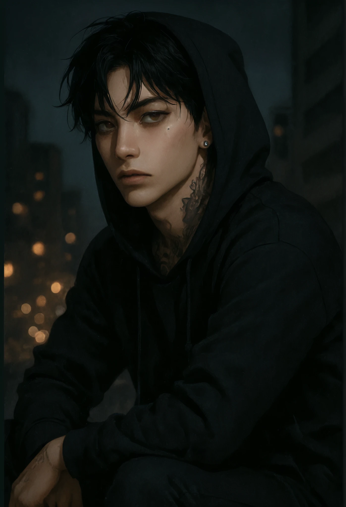 Create a character with the exact characteristics of the one in the attached photo. Em firentes poses, he is a young man with a cold and mysterious expression, medium black and slightly messy hair, intense caramel eyes with a speck below the left eye, slightly parted pink lips, black hoodie , visible tattoos on the neck and chest, shiny earring on one ear.