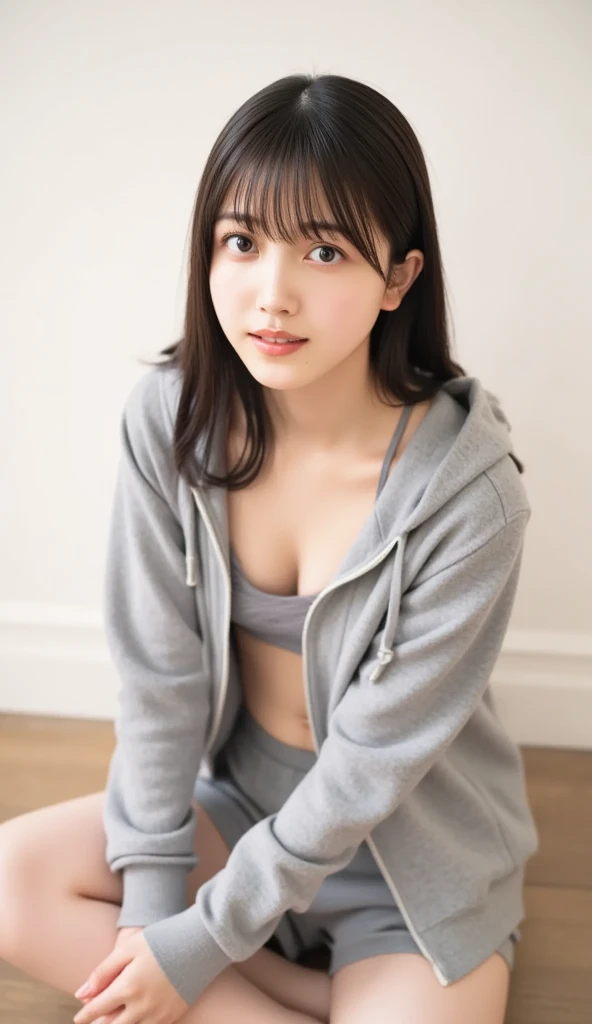 (8k, RAW photo, best quality, masterpiece:1.2), ultra detailed, ultra high res,
(realistic, photo realistic:1.37), high detail RAW color photo, professional photograph,
an extremely delicate and beautiful, extremely detailed, 8k wallpaper, Amazing, finely detail, huge file size, official art, extremely detailed CG unity 8k wallpaper,
extremely detailed beautiful girl, extremely detailed face, extremely detailed eyes, extremely detailed skin, extremely detailed fingers, extremely detailed nose, extremely detailed mouth, perfect anatomy, highly detailed background, extremely detailed clothing,
1girl, (25 years old:1.2), teenage, cute girl, famous japanese idol, kawaii,
(small breasts:1.2), realistic body, ,
fair skin, shiny skin, slender body, good figure,
black hair, long straight hair, (blunt bangs:1.2),
smile, cute, young, cute face, baby face, realistic face,
beautifully detailed eyes, drooping eyes, beautiful big eyes, large dark eyes, beautiful and clear eyes,
hoodie,lonp sleeve, white panties,
looking at viewer, sitting on the floor grasping one's knees (as in a gym class), front view, , contrapposto,in room,on the bed,
dynamic lighting,