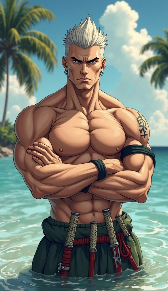 (masterpiece, Best quality 12 year old boy), 1 boy, adult, huge muscles, big body, Slightly modify the abdominal contour, Short blonde hair，brown eyes, complicated, Rainforest, Muscles sparkle in the sun，shirtless，Wearing khaki adventure pants，outdoor adventure boots,pained expression，bite lip， bright colors,(depth of field:1.2),looking at the audience, sit on stone, huge hyper muscle, huge chest