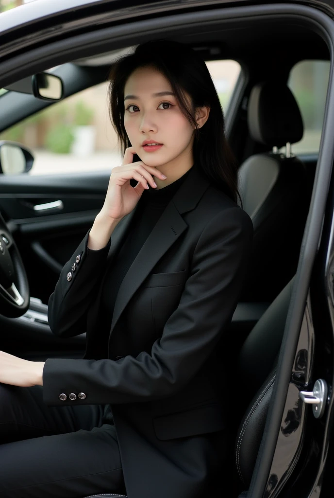 ((Small underboob)), (shoulder length straight short hair:0.9), Black hair,Upper body, （Extremely meticulous CG 8k wallpaper），（Extremely refined and beautiful），（Masterpiece），（best qualtiy：1.0），（Ultra High Resolution：1.0），beautiful light up，Perfect lightning，realistic shaded，[A high resolution]，Smooth and flawless fair skin，Extremely exquisite facial details，（perfect body：1.1），ultra - detailed，A beautiful girl，small head,glasses,(Small breasts:1.1)，Flat chests，slim，thin，Smile，cheerfulness，(navy blue suit:1.5),(light blue collared shirt:1.3),（light blue pantyhose:1.5），autumn，Morning,in a spacious private car,A female driver,(sitting in seat and place her hands on the steering wheel:1.5),intently driving car,safety belt,Shot,(cowboy shot:1.3),as if the camera is on the passenger seat,(Portrait above chest level:1.3),looking straight ahead