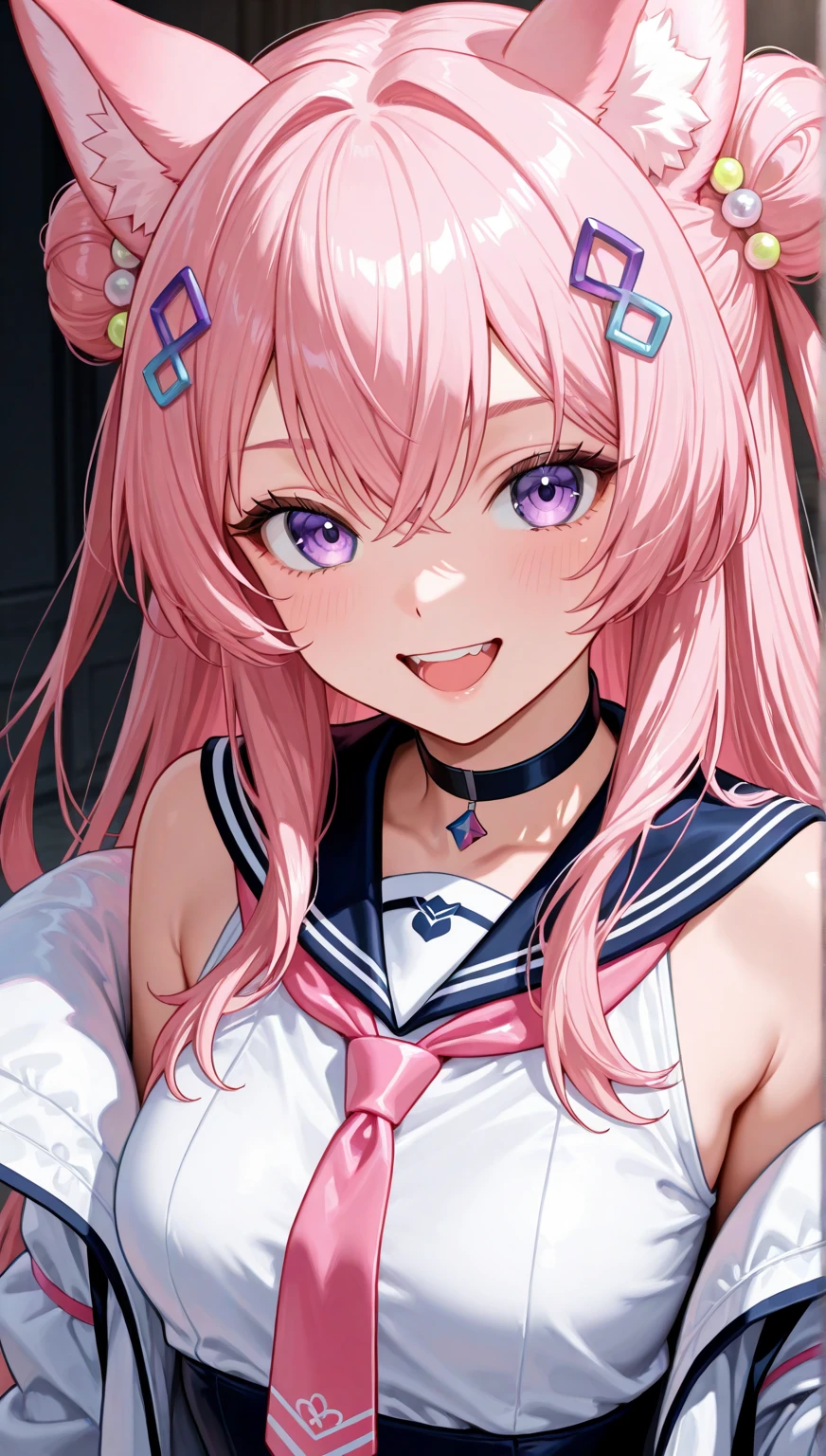 Highest quality, Highest quality, 16K, Unbelievably absurd, Very detailed, 2.5D, delicate and dynamic,Fantasy,One Girl,18-year-old,pink,high school girl,Japanese culture,sexy,Leaning forward and smiling,Cute,Upper Body