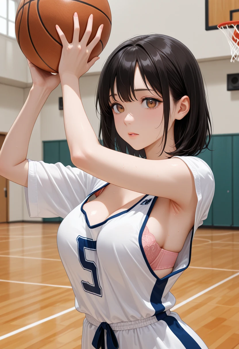 （8k ，Super detailed，Best masterpiece，nature，perfect work of art，perfect female figure），two women，sister and younger sister， sisters，rainbow hair，perfect face，（huge ），neighbor wife，woman hairstyle，elegant wife，Sophisticated and revealing ，20 years old，White skin，messy hair，perfect sexy body，Tone，flirtatious，very big ，Willow Yao，see through breasts，nipple，basketball player，Wearing ultra-short and sexy basketball sportswear，open chest，T-shaped small，Melted clothes，on the basketball court，Clap the basketball，Detail background，necklace，perfect eyes，，T-shaped small size，huge big