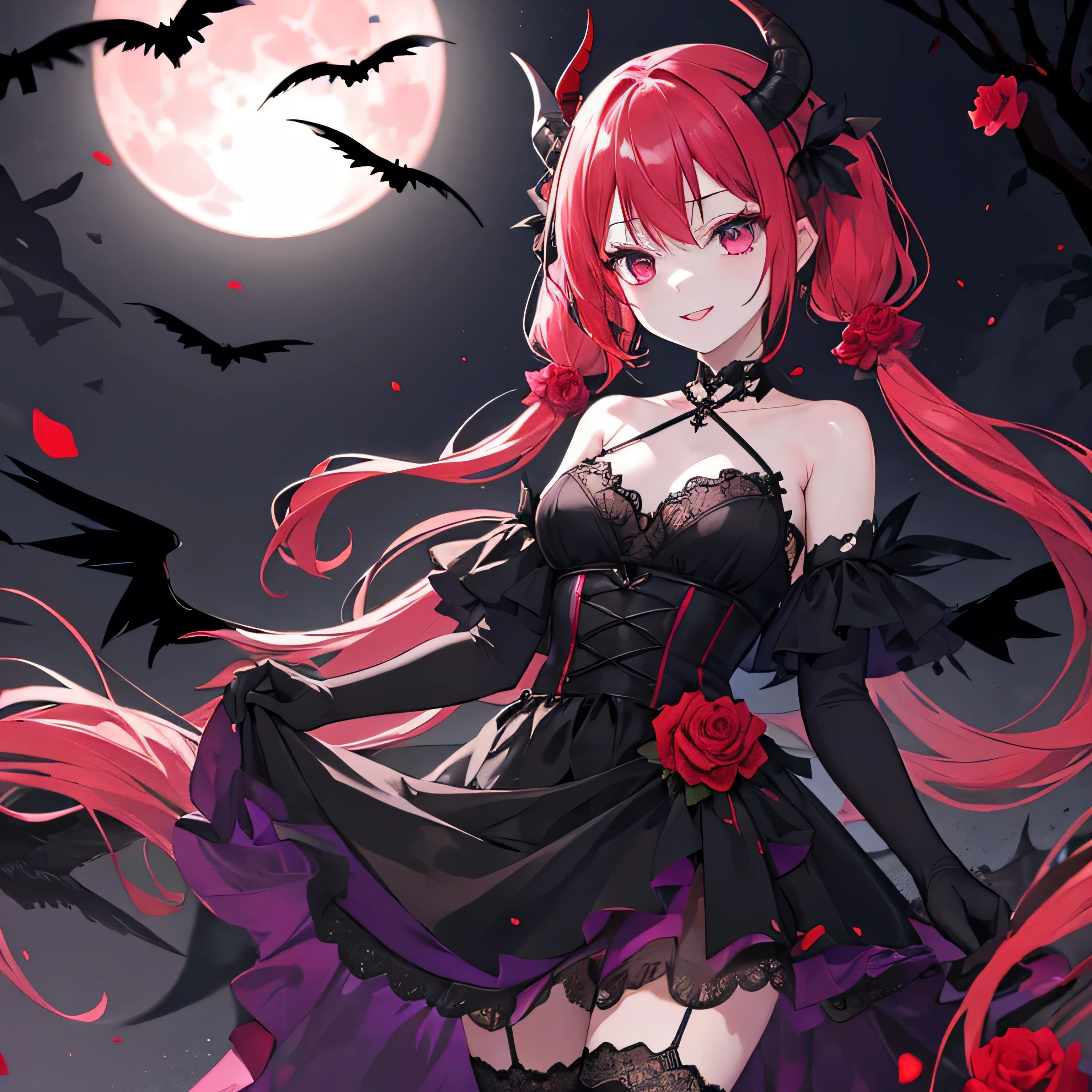 red hair, Dark red aura, Tears of Blood, Moehwa of the demon Asmodeus, A bloody battlefield with a full moon, sitting on a corpse, Japanese girl devil with bangs