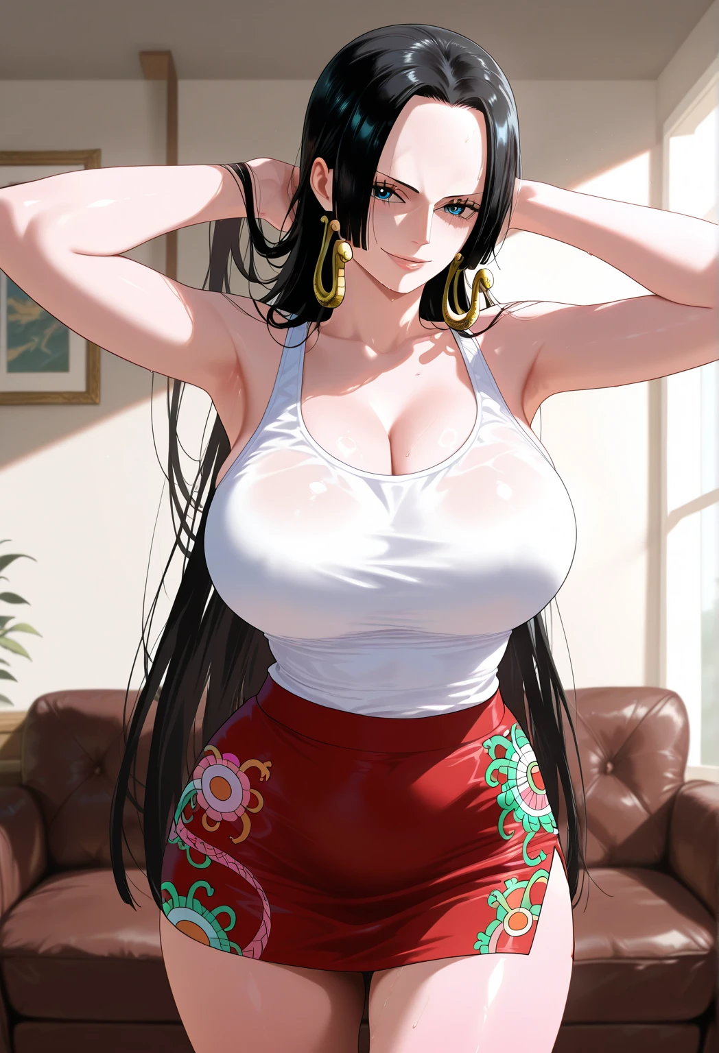 source_anime,score_9,score_8_up, score_7_up, 1girl,solo,outdoors,one piece, mature woman, boa hancock, long hair, very long hair, black hair, shinny hair, shirt, Crop top, white shirt, denim, short denim, short shorts, long legs, long Belly, armpit, heavy breath, blush, navel, thong, Inner wear line, wet clothes, jackets