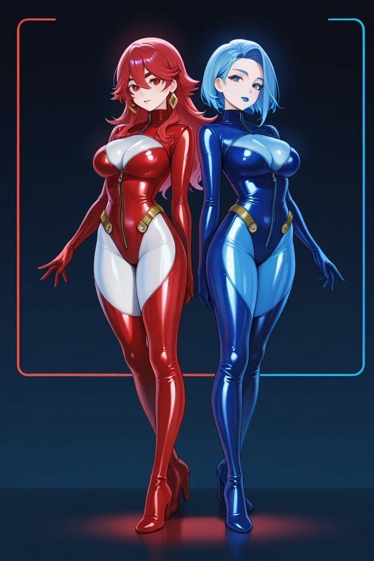 ((masterpiece、top-quality:1.5、a high chroma:1.5、ultra-detailliert、high-resolution illustrations:1.5、Ultra-high-definition CG、8k size wallpaper、offcial art))、(2girls,twin sisters),(cute face:1.5)、(clear face:1.3),
(Blue-only color scheme:1.5), (red-only color scheme:1.5),(sexy body),(One only wears red, one only wears blue.),(strapless leotard),(long hair), ((medium breasts))、
,(yuri),()、(cowboy shot)、