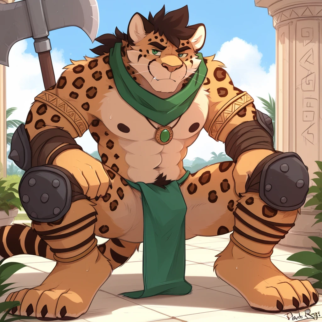 Athletic muscles panther, statue made of stone, stone skin, moss covered, inanimate object, male, paint on body; tribal African totem in shape of anthro, vegetation over skin, wild hair, dirty, dusty, demolished in pieces