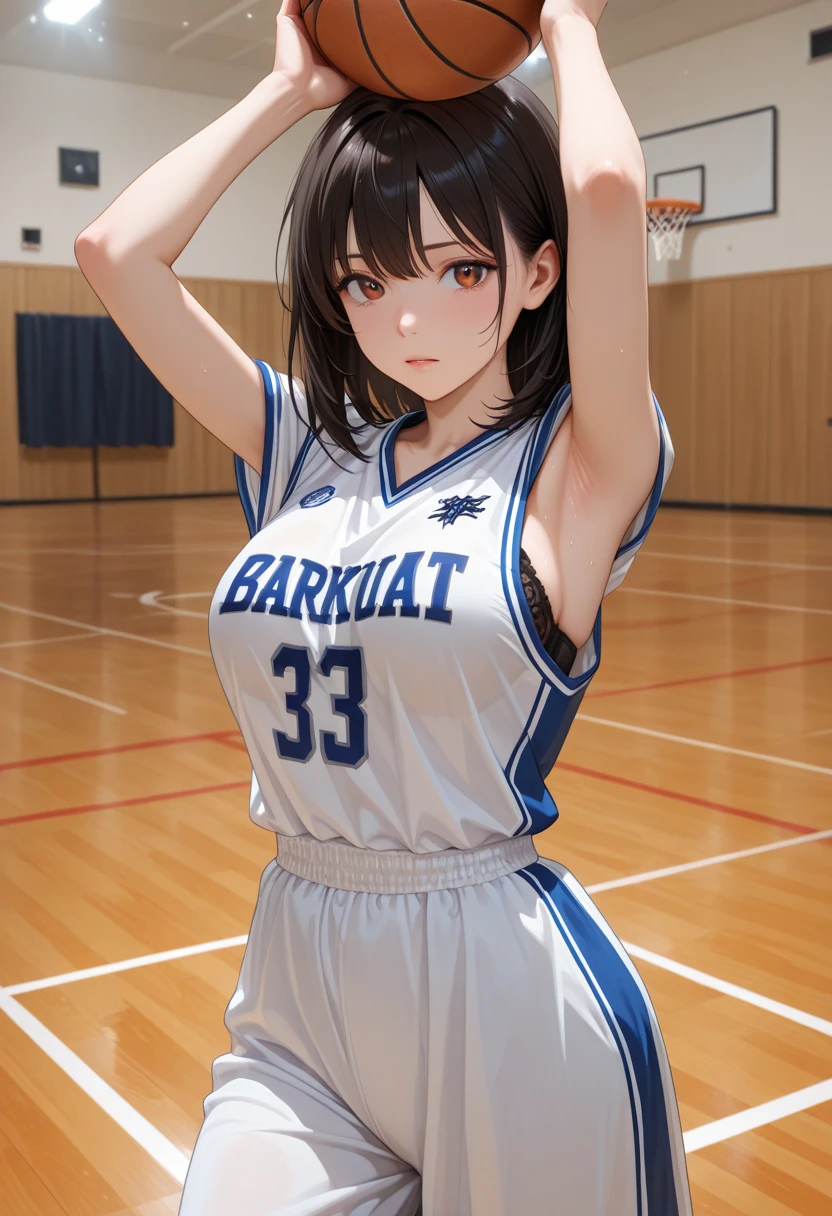 Masterpiece, Ultra quality, good lighting, shadows, perfect anatomy, posing, 1 girl, 21 years, mature girl, volleyball player, cute face, beautiful body, black medium hair, black eyes, seductive eyes, volleyball uniform, background room, rear, breasts, Thighs, seductive, hot, spicy, NSFW,