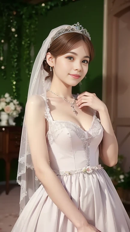 1 girl, smile, shiny skin, delicate face, best quality, masterpiece, (realistic: 1.4), wedding dress, random hairstyle, perfect figure, small breasts, princess