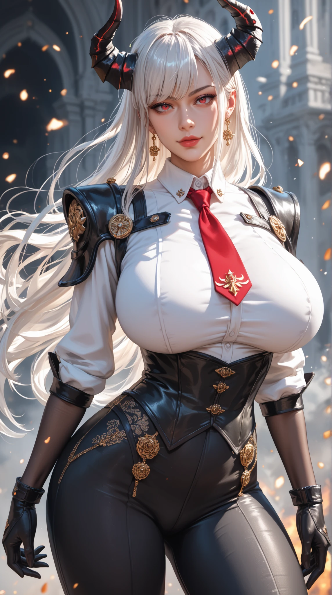 Masterpiece, High quality, hcnone, Pixel art, 1girll, White hair, pony tails, Red gothic dress, Simple gold background, Death gaze, Solar eclipse background，huge tit，gigantic cleavage breasts