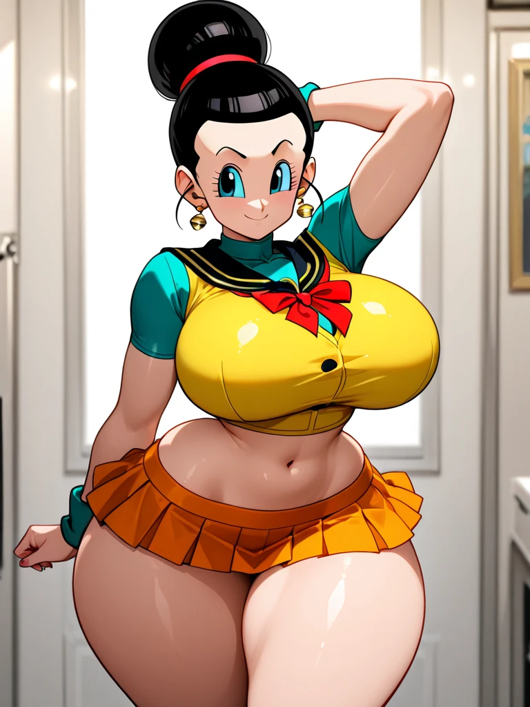 masterpiece, best quality, cowboy shot, 1girl, solo, saiyan armor, armor, black skirt, dress, wristband, black pantyhose, leggings, boots, bedroom background, indoors, nighttime, smile, happy, large breasts, wide hips, curvy, thin waist, looking at viewer, bare shoulders, Gine spiky hair, medium hair, black hair, anime screencap