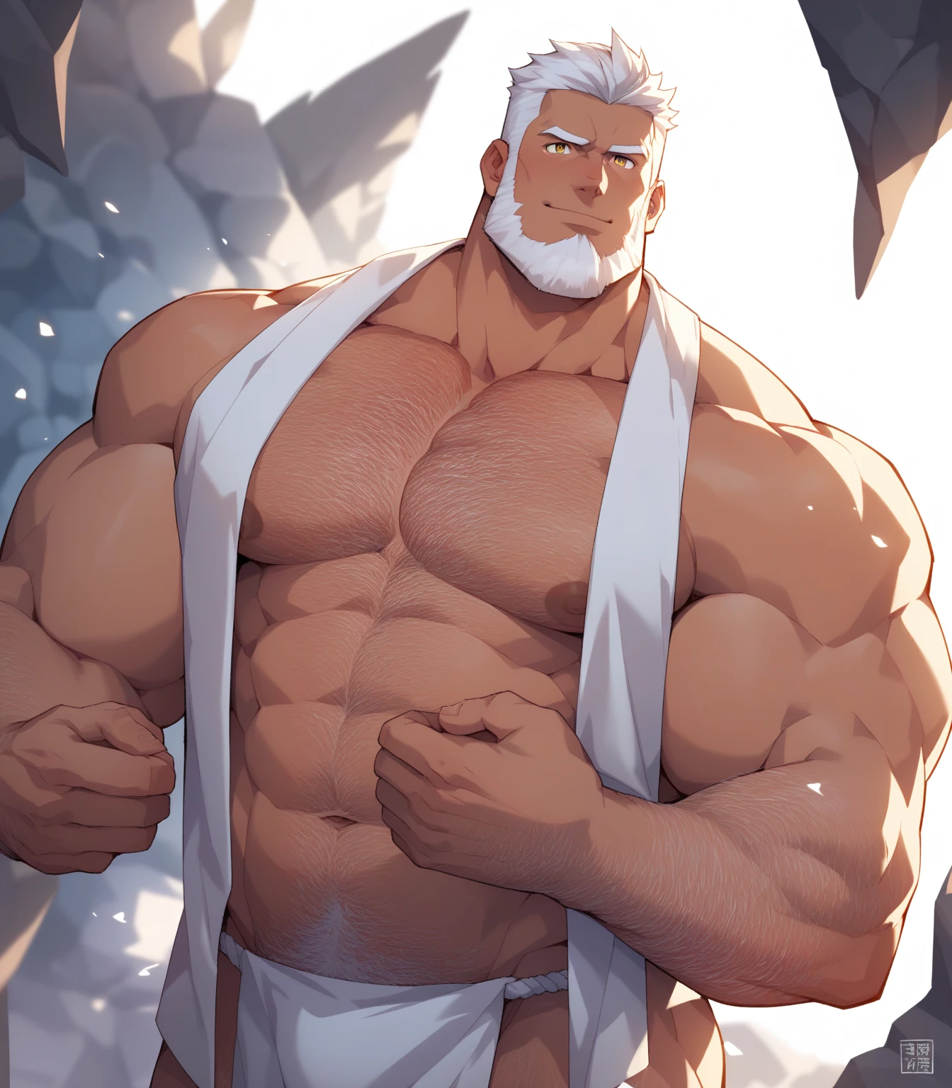 ((perfect whole body)), ((ultra photorealistic)), Top quality, ((Photorealistic)), 8K, High Definition, Unity 8K wallpaper, high res, ultra sharp, ((masterpiece)), best quality, ((intricate details)), (((detailed eyes))), (((perfect face))) (((detailed face))), masterpiece, highly detailed exquisite character art, melancholy lighting, ((cinematic light)), ultra-realistic, (((detailed body))), (((detailed muscles))), full body (((1male))) (((Bodybuilder))), (Manboobs) (((muscular))), ((bara)), (((daddy))) ((mature)) ((perfectly detailed anatomy)) (wearing luxury clothing), (bright grey skin) white curly hair, high ponytail, face tattoo, glowing eyes, powerful, intimidating, scary, magic, spell casting, ((in a jail cell)), in a cage, neon white vampire eyes, hairy body, stubble, scars,