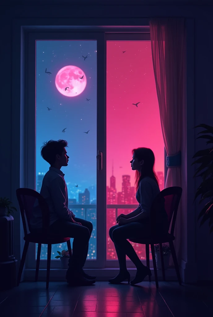 A room with lights on,there is a bed inside,There was a couple chatting on the bed
