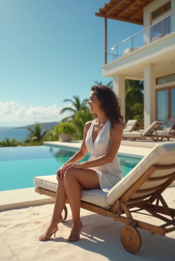 her name is Aaliyah, high quality, 1woman, ((24 year-old Black woman with large breasts: 2.1, curly hair)), ((24 years old)), Full lips, ((Detailed face, Highly Detailed Lips, brown eyes)), voluptuous body, BREAK, wearing contemporary Generation-Z wear, BACKGROUND: outdoors: " a luxurious poolside oasis: sparkling blue water reflecting the sun's rays, lounge chairs with colorful cushions arranged neatly around the pool, lush green palm trees swaying gently in the breeze, and a backdrop of elegant cabanas with flowing curtains", pose: dynamic , realistic, looking at the viewer,