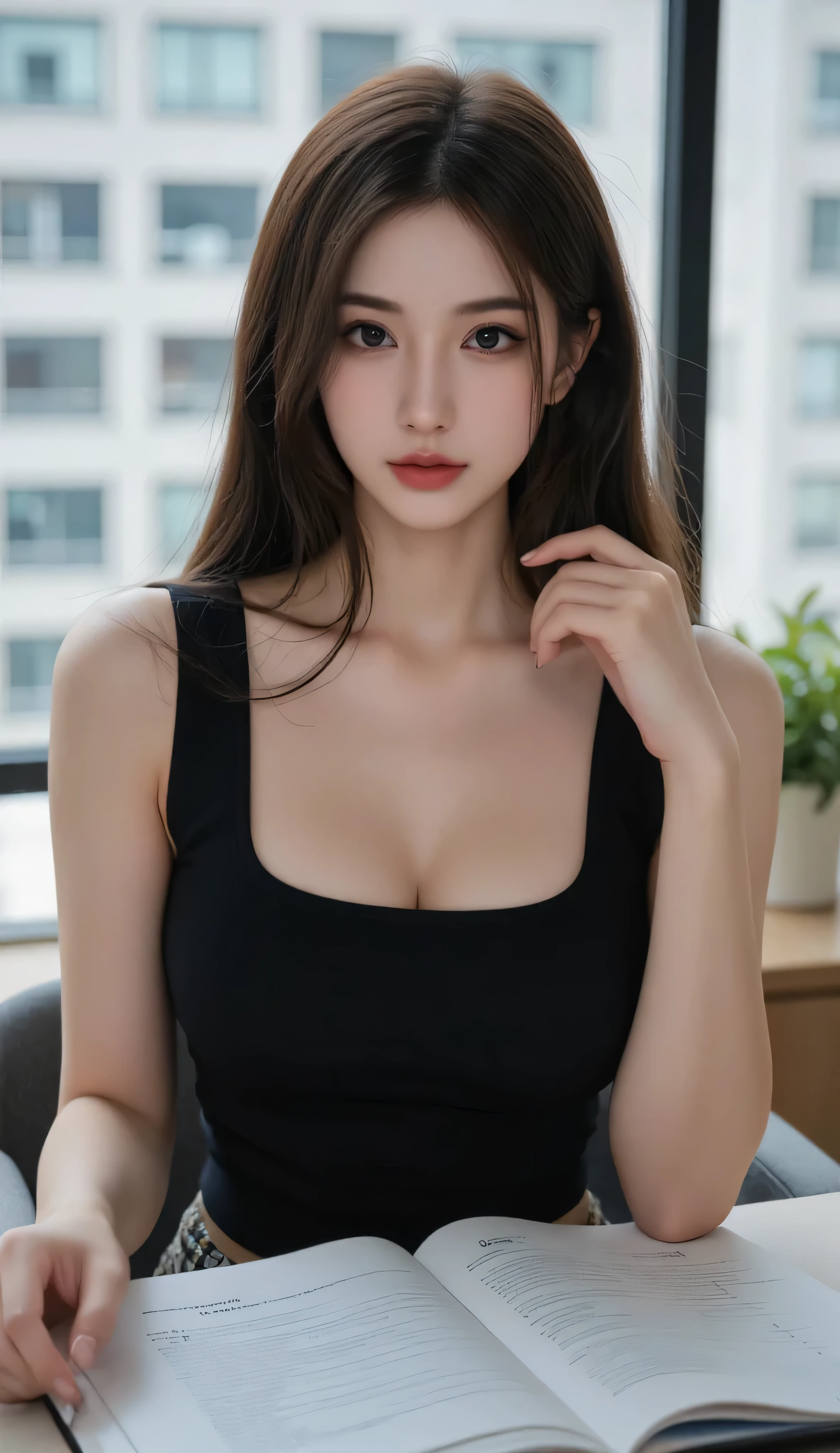 Beautiful details, (suit:1.3), (Natural Lip), Natural Hair, Natural Makeup,(((library:1.3))),A revealing skirt、(Reddish brown wet shiny hair)、(Floral braided headband、Half Up、Floral,),(Space Knitting、Voluminous fishtail braid、Twisted pan、)、(The bangs are see-through)、hairpin、hair ornaments、Blushing cheeks、Pointed red mouth、Big Breasts、Perfect body curves、Beautiful clavicle、Wet Hair、Wet Face、Wet body、Wet Skin、Wet costume、Detailed clothing features、Detailed hair features、Detailed facial features、Looking into the camera、(Dynamic Angle)、(Dynamic and sexy pose) )、Cinema Lights、(masterpiece、highest quality、Ultra-high resolution output images、Write Boundary Depth、Intricate details、Add depth to your subject with contrast between light and shadow、)、Digital Illustration、Single-lens reflex camera、(Realistic:1.3)、(8K quality、Anatomically correct facial structure、)、(Picture Mode Ultra HD、)