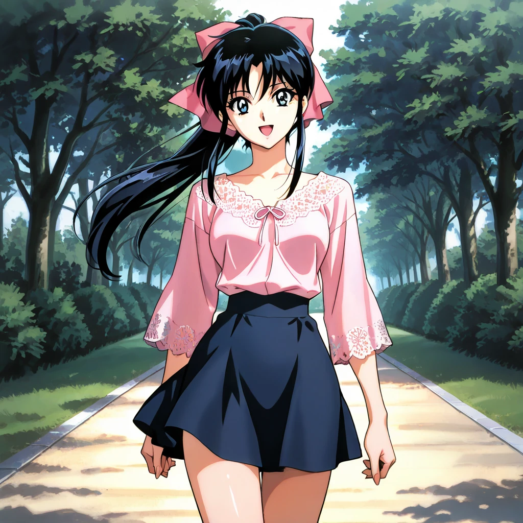 (((((solo)))))), 1 girl, beautiful girl, sharp eyes, black hair, very long hair, straight bangs, black uniform, (((((black serafuku))))), (black sailor uniform), long sleeves, red tie sailor collar, thick thighs, wide hips, big breasts, big , great figure, road, forest, sakura trees, praying in a japanese temple, serious, arrogant, crossed arms, visible white panties, wind, painting \(medium\), retro artstyle, traditional media, watercolor \(medium\), 1980s \(style\)