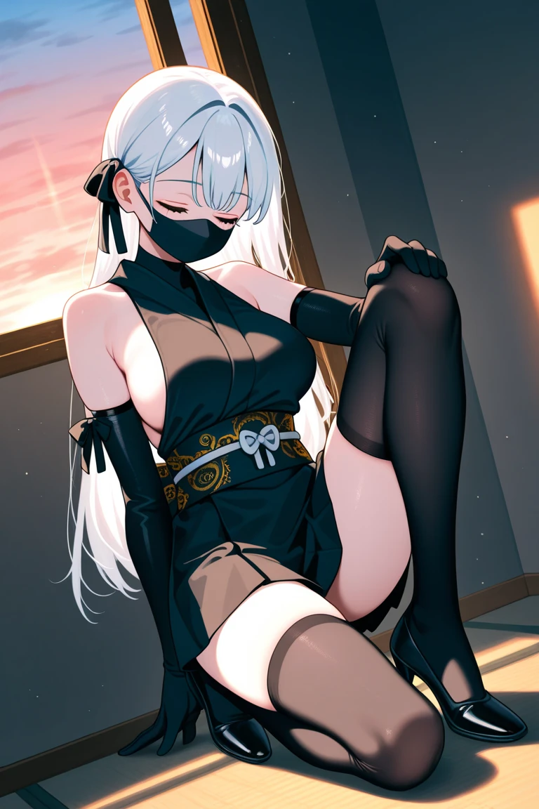 She is looking at her laptop in a sexy outfit sitting by the window, with the night city outside.