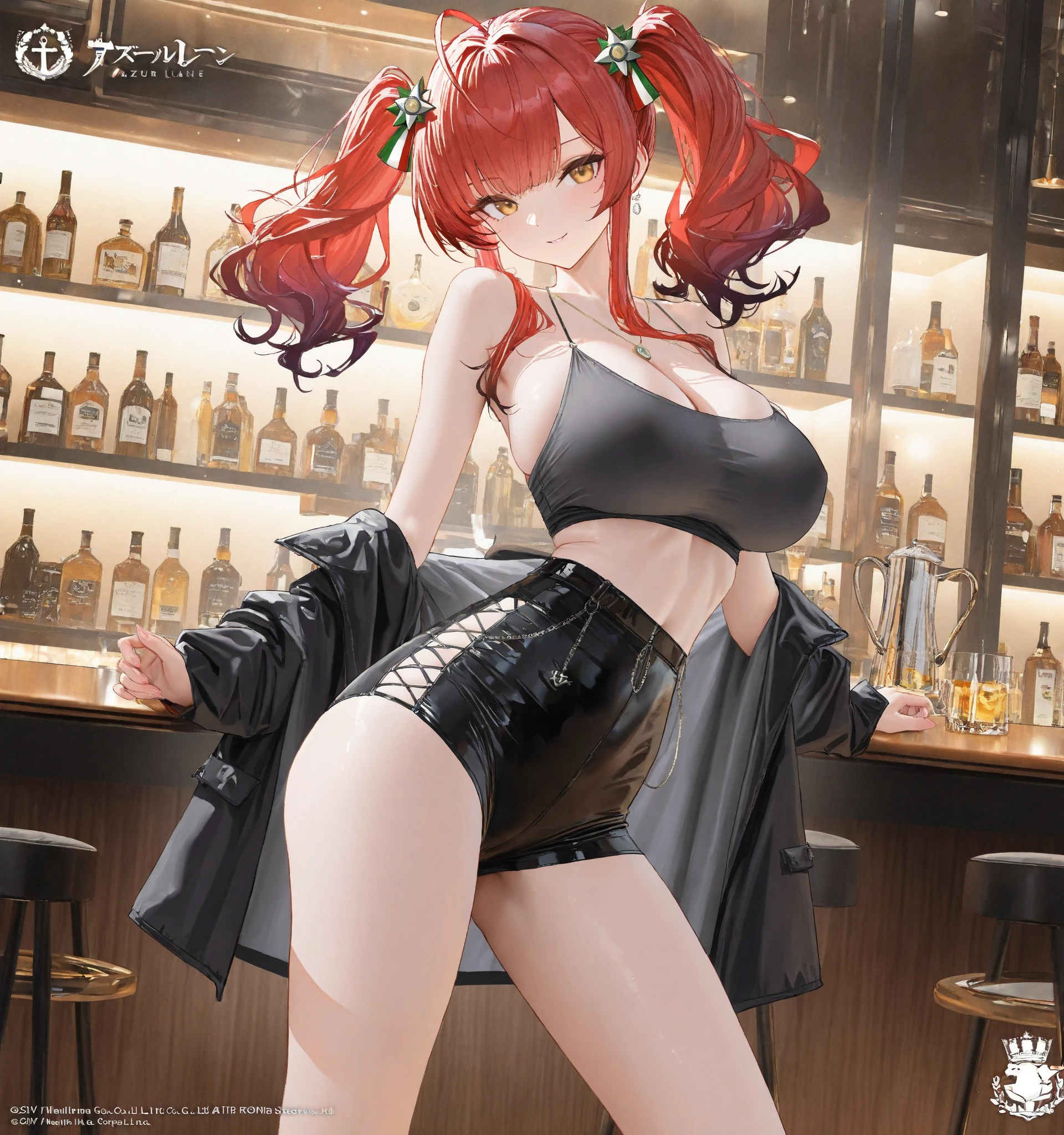 (from below:1.5),(from side:0.9), ((Face)), (Close-Up:1.2), masterpiece,"A 26-year-old girl stands at a bar counter. She is dressed in a stylish off-shoulder dress, sweater dress, off-shoulder sweater, red sweater,garter stocking, cleavage:1.1, midriff, black shorts, black thighhighs, thigh strap, pretty girl, (highly detailed beautiful face and eyes,firm breasts),real skin,((black,hair,long pony tail hair)),thin pubic hair,cute and lovely pose, detailed eyes, This masterpiece is only visually stunning but also tells,(double breasted:0.6,under bust:0.6),(with sparkling eyes and a contagious smile),open mouth. The bar is beautiful, with colorful bottles of alcohol in the background and a soft glow from neon lights. The atmosphere is relaxed, and the girl looks confident and fashionable.",full body, sexy pose,make a cocktail , in a bar counter, Looking at Viewer,
