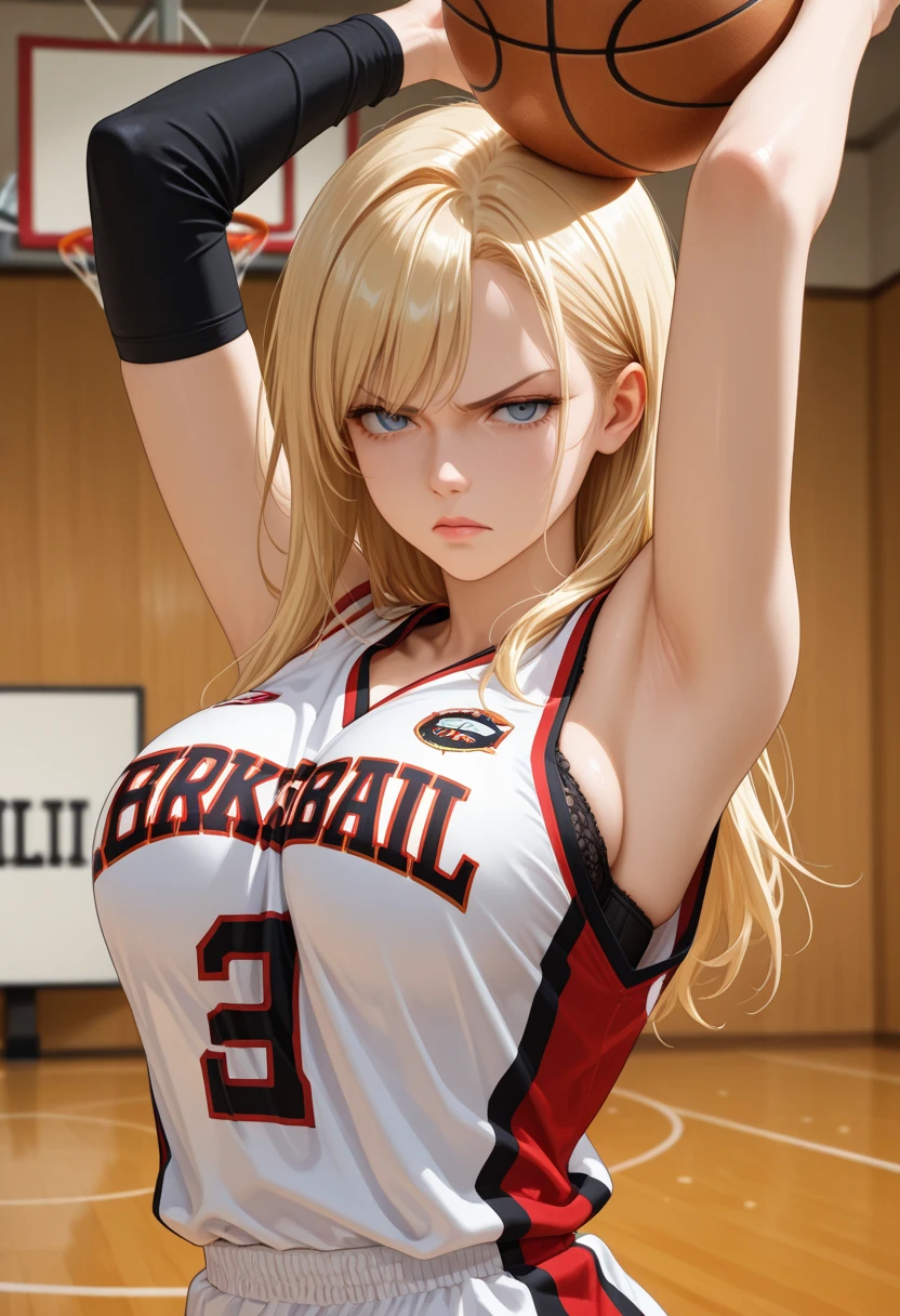 Masterpiece, anime CG, girl, white spiked hair, wheat-colored skin, muscles, sports girl, wearing basketball uniform, smooth texture, silk texture , golden pupils, perfect eyes
