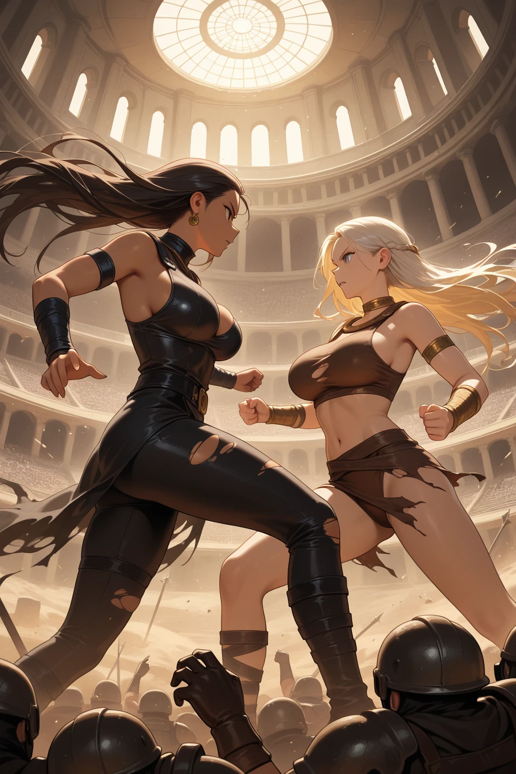best quality ultra-detailed, fantasy art, an extremely delicate and beautiful depiction of a muscular barbarian warrior girl with a six-pack, tattoos, and a fierce expression on her face that's both angry and laughing simultaneously),(dark skin+white hair:1.3),sharp teeth,big weapon, dramatic lighting, epic battle scene, dynamic pose and angle