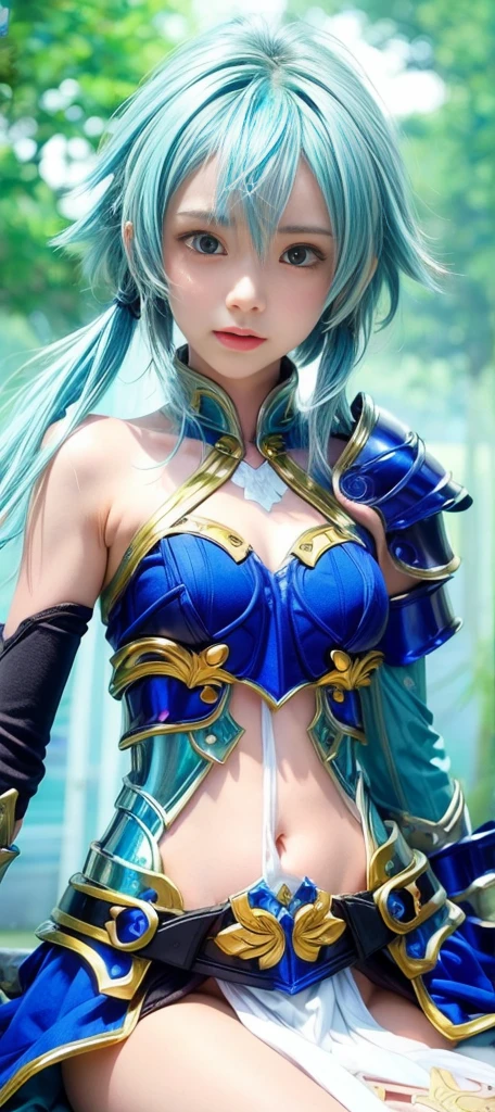 Kasumi Yoshizawa, Yoko Asagiri, Bikini Armor, Full Length Image, High Quality, Ponytail, Small Breasts, Bangs, Smooth Thighs, Patsun, Top Quality, Ultra High Definition, Fine Eyes, Slender Legs, Fine Beautiful Eyes, 8K, White Bikini, Protruding Buttocks, Blue Hair