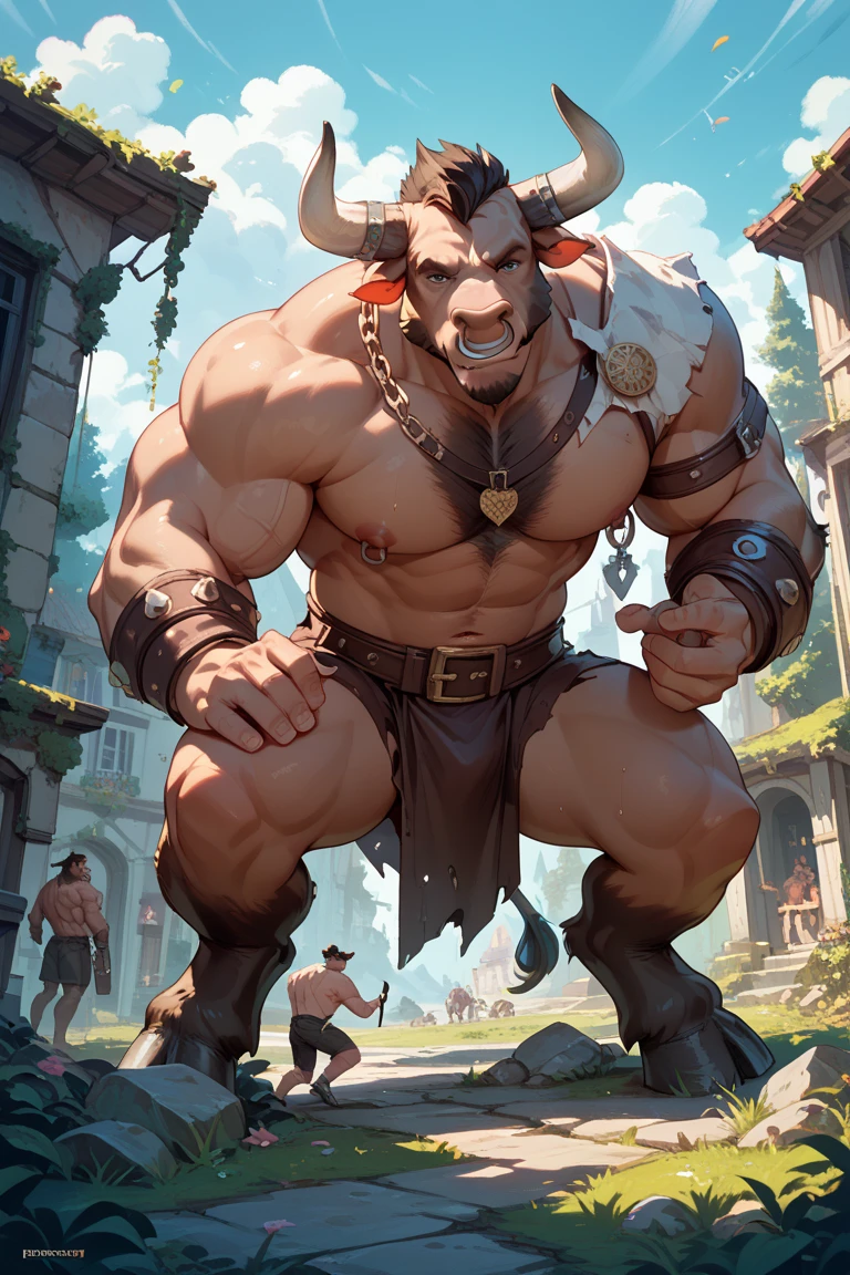 A human male turning into anthro minotaur, concept art, hi res, masterpiece, absurd res, 2023, extreme detail, transformation, partially human, pain, sitting, dungeon, fur, solo, holding head,