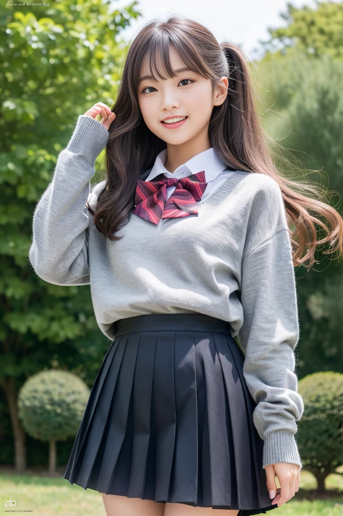 Masterpiece、Raw photography、(((Ultimate Beauty Portrait)))、((glistning skin))、close mouth、no mask、dark brown eye、teen、high school student、15 years old、natural make、short bob、((masterpiece、top-quality、ultra-detailliert、intricate-detail、hight resolution、highly detailed))、Detailed background、8KUHD、Digital SLR、Soft light、high quality 、Shallow depth of field、natural soft light、pink nipples、full body、shy look、flushed cheeks、thin waist、gray sweater, suit、dark gray pleated chool student uniform,white long sleeve shirts with ribbon, lift the skirt、strong wind, hair blowing in the wind,The wind flips her skirt ,(white cotton panties:1.3), shy look ,flushed cheeks