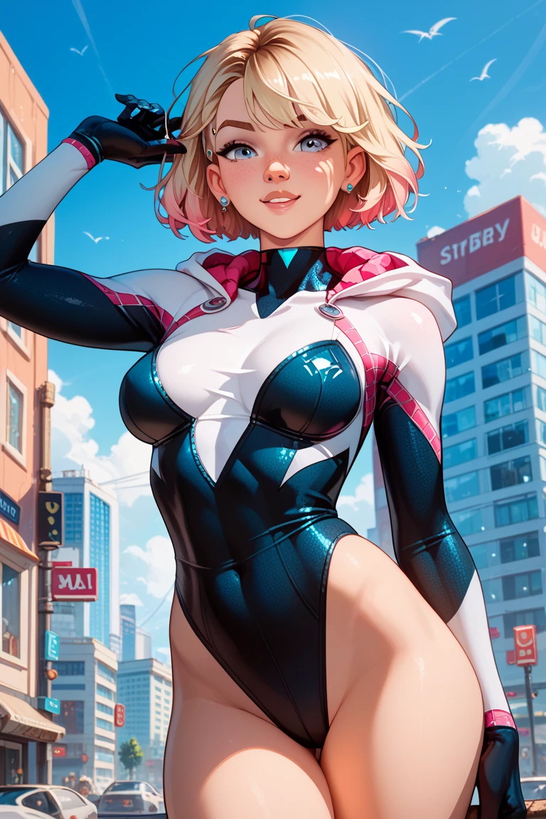 gwenpool, 1girl, blonde hair, multicolored hair, solo, blue eyes, short hair, gradient hair, belt, two-tone hair, pink hair, breasts.