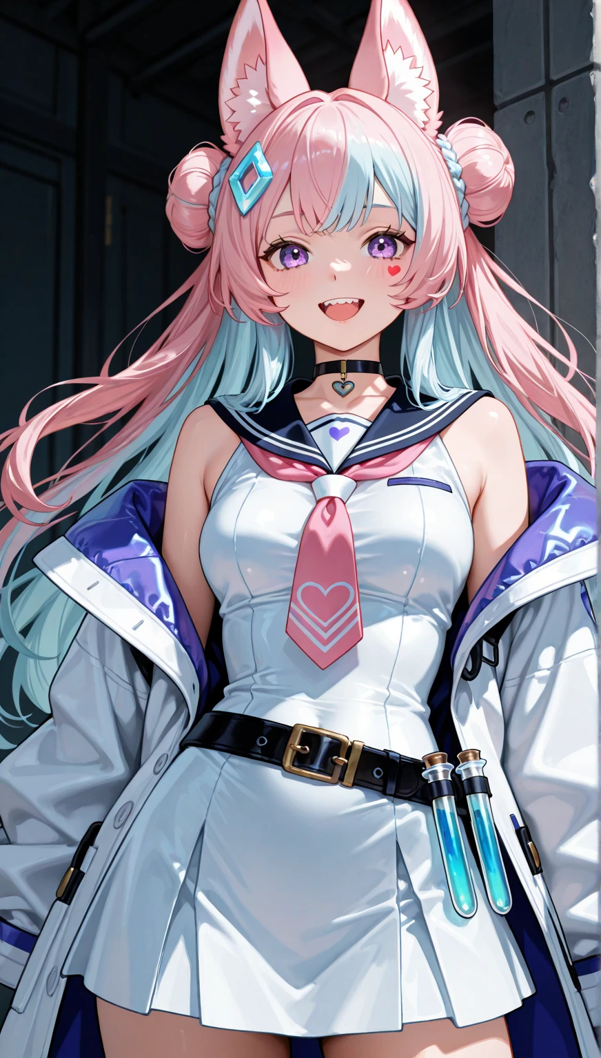 (Ultra-detailed, Vibrant colors:1.2), One piece、Uta、Red hair on the left、Gray hair on the right side、PINK Underwear、Kamimei、yandere、Flushed cheeks、a beautiful detailed girl, While sweat shines on the body、Wet、Outstanding style、sexy pose