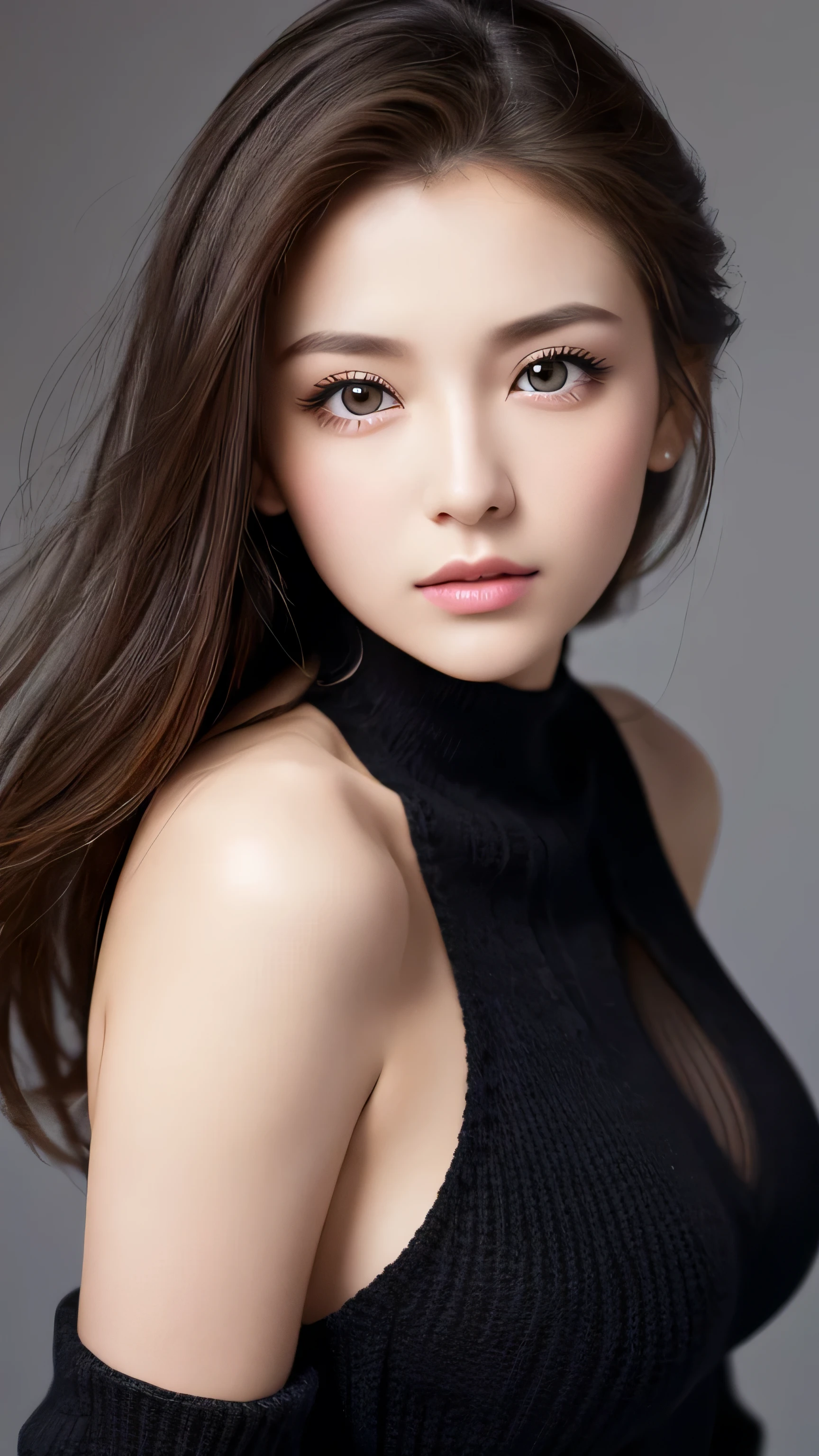 best quality, masterpiece, Ultra-high resolution, (Realistic:1.5), original photo, 1 girl, Off-shoulder, in the darkness, Deep shadows, Low profile, Cold Light, sexy look, long hair,Mix Girl,Yinglaite, Half-length photo,NSFW