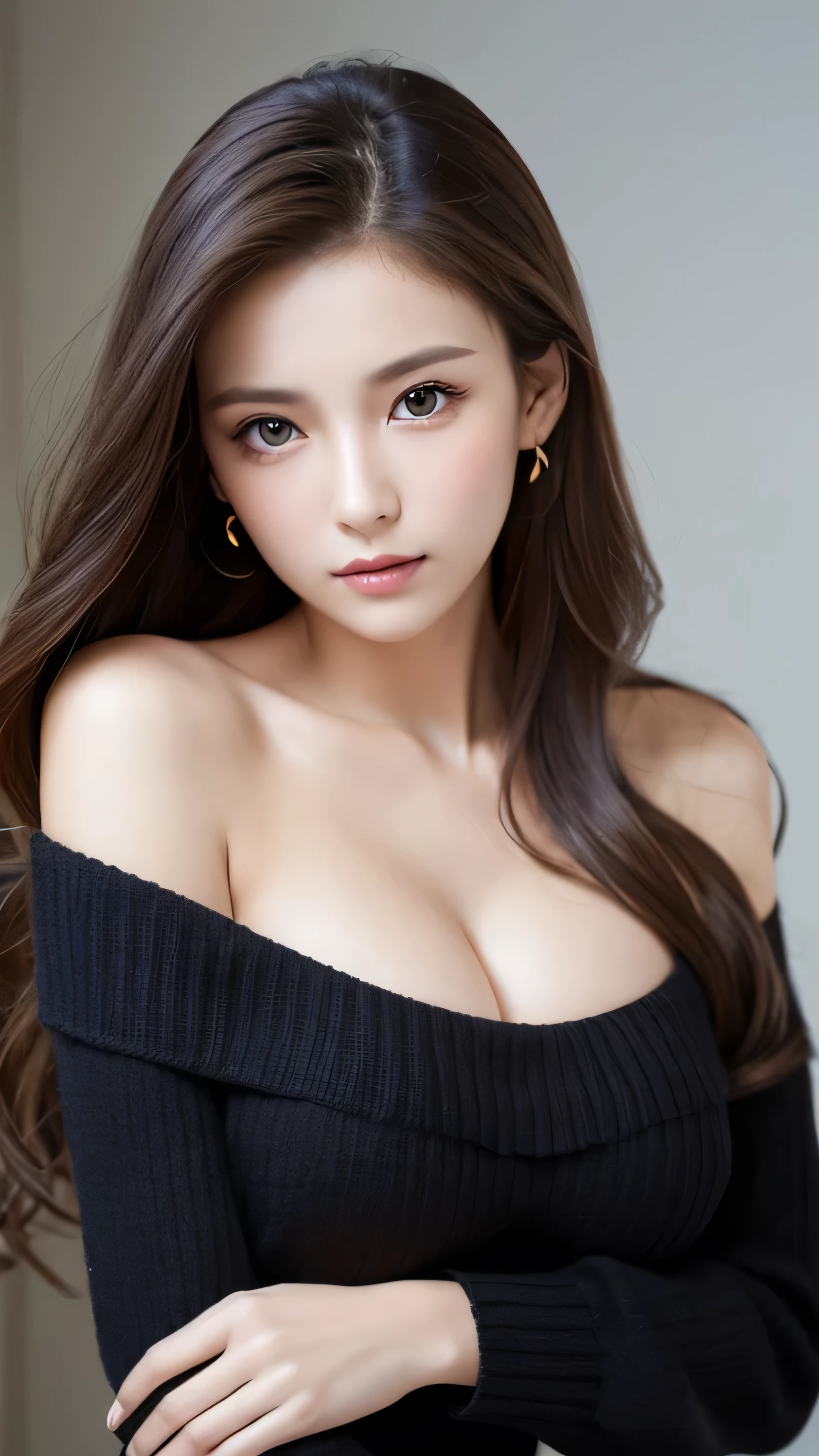 ((Realistic Light, Highest quality, 8k, Tabletop: 1.3)), 1 girl, Slim body beauty: 1.4, Brown Hair, (((Super big breasts: 1.3)), Off-the-shoulder cut top: 1.3, Highly detailed face, Beautiful Eyes, double eyelid, My Room, smile, Cleavage, Saggy breasts, (((beauty of Saggy breasts))