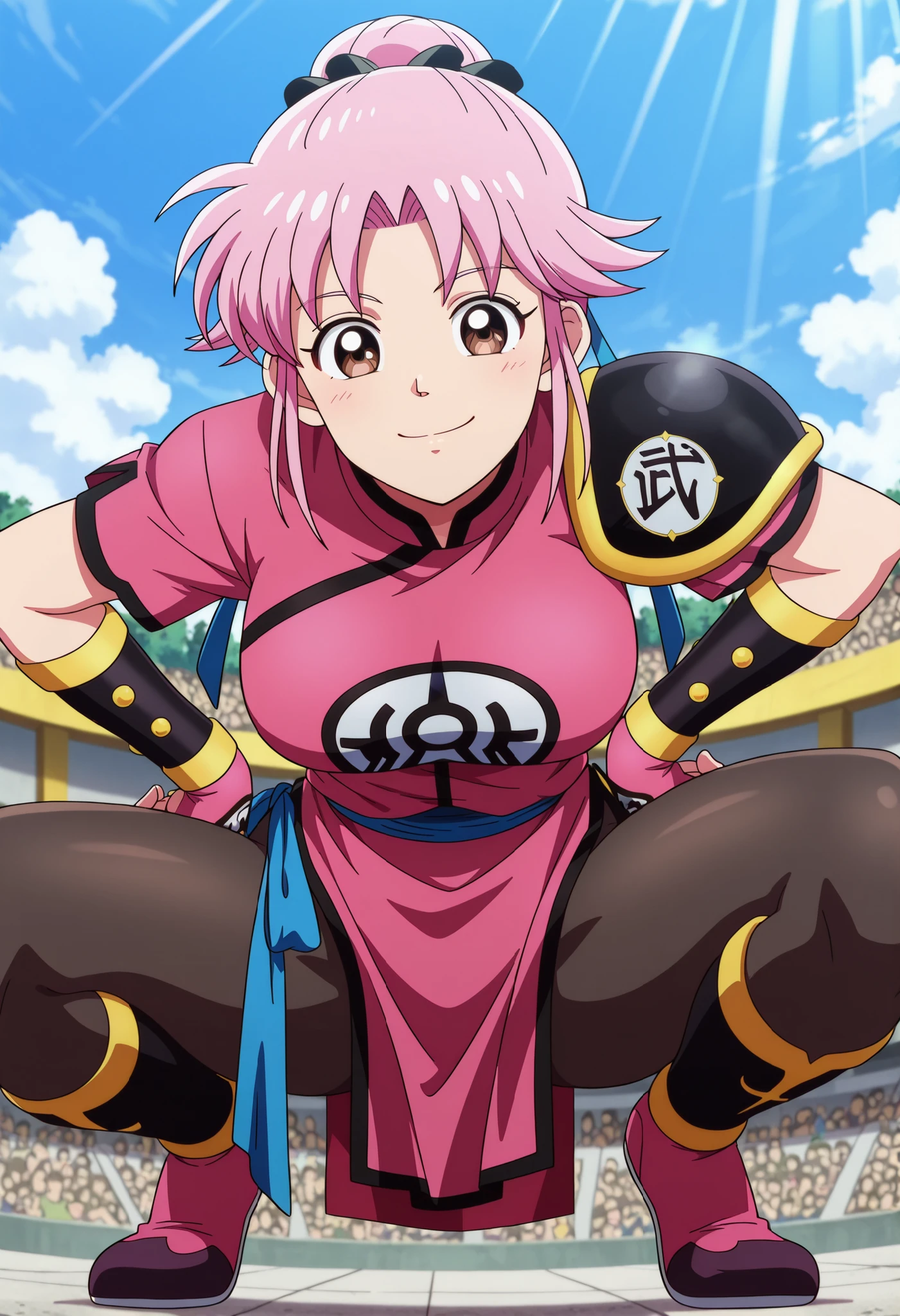 masterpiece, anime coloring, newest, Maam, Battle Costume, solo, looking at viewer, smile, closed mouth, standing, full body, outdoors, sky, day, blue sky, hands on own hips, crowd ,squatting position ،, close up