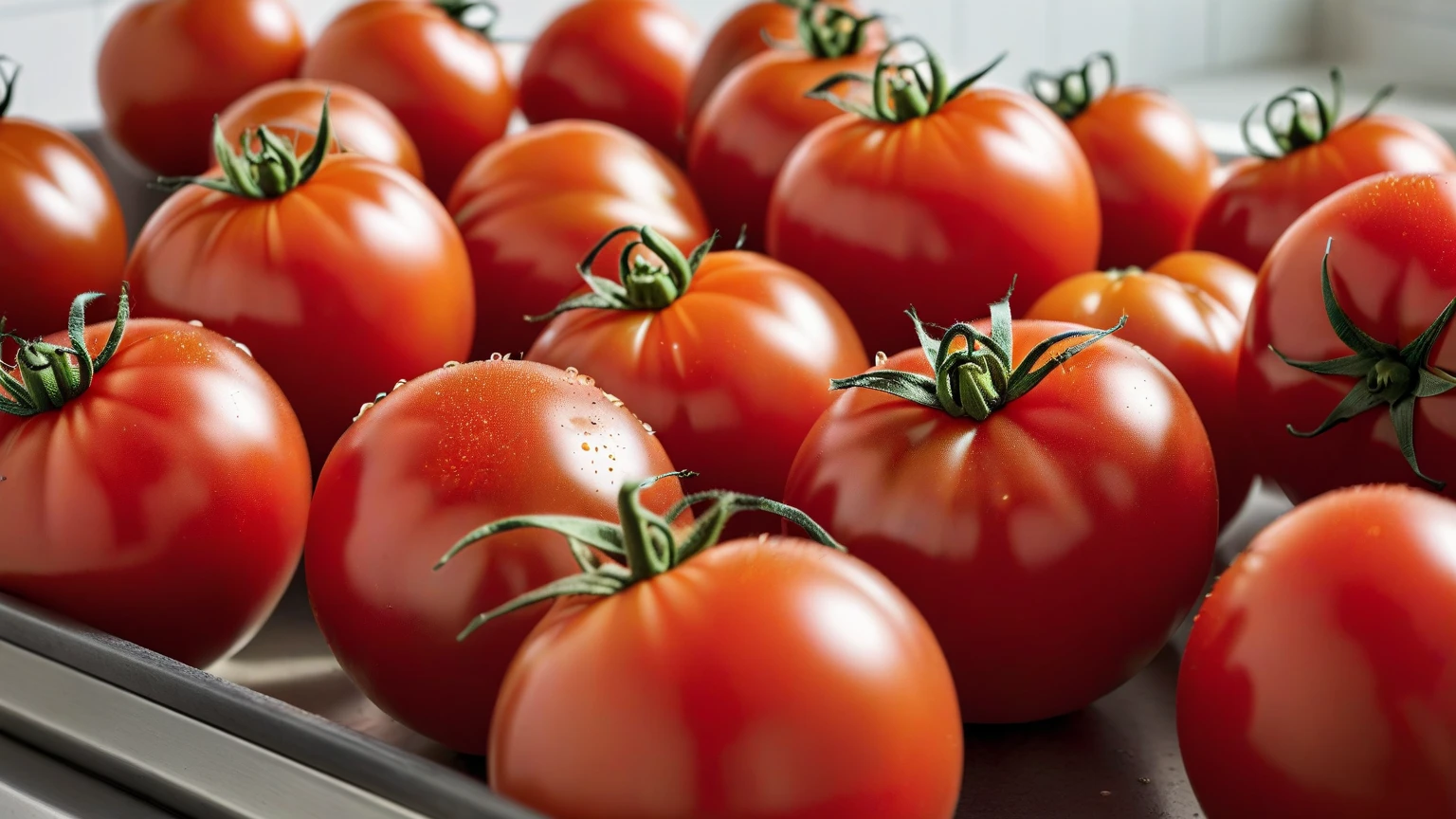 a close-up shot of a ripe tomato, showcasing its vibrant red color, glossy skin, and the tiny droplets of water on its surface