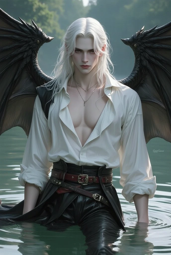 masterpiece, highest quality, (solo focus), (perfect face:1.1), (high detail:1.1),dramatic, 1guy, (pale skin), long white hair, white eyes, [light eyebrows], solo, long hair, moon, night, black thong, bulge, pouty lips, detailed background, art by artgerm and greg rutkowski, cinematic lighting, roses, fashion, BalenciagaStyle, black roses