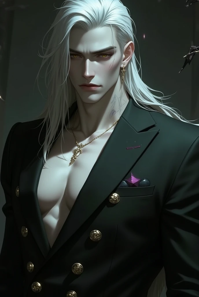 (8k,shipmentsrrealista　shipments　Maximum quality;1.4) (1 young boy) Super handsome king of the underworld　(lifelike face) 　(long white hair with black highlights, bright white floral hair)　slenderbody　Muscular and hairy and macho　Shiny French floral aristocratic costume with big golden eyes　bright purple floral decoration　Fangs peeking out of the mouth　Pointed claws　a seductive gaze　Beautiful expression　A hyper-realistic　(King of the Underworld)　appealing　(real looking skin)　super high resolution　high détail　Luxury French Floral Trousers　French pink purple aura emanating from the body　effect　 French floral transparent cover 