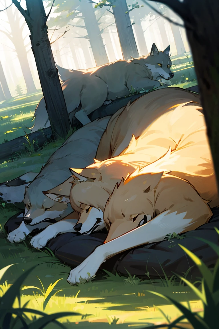 kate, wolf, feral, sleeping, full body, side view, head on paws, wide shot, cave, forest, vines, warm lighting, dawn, bright, moss