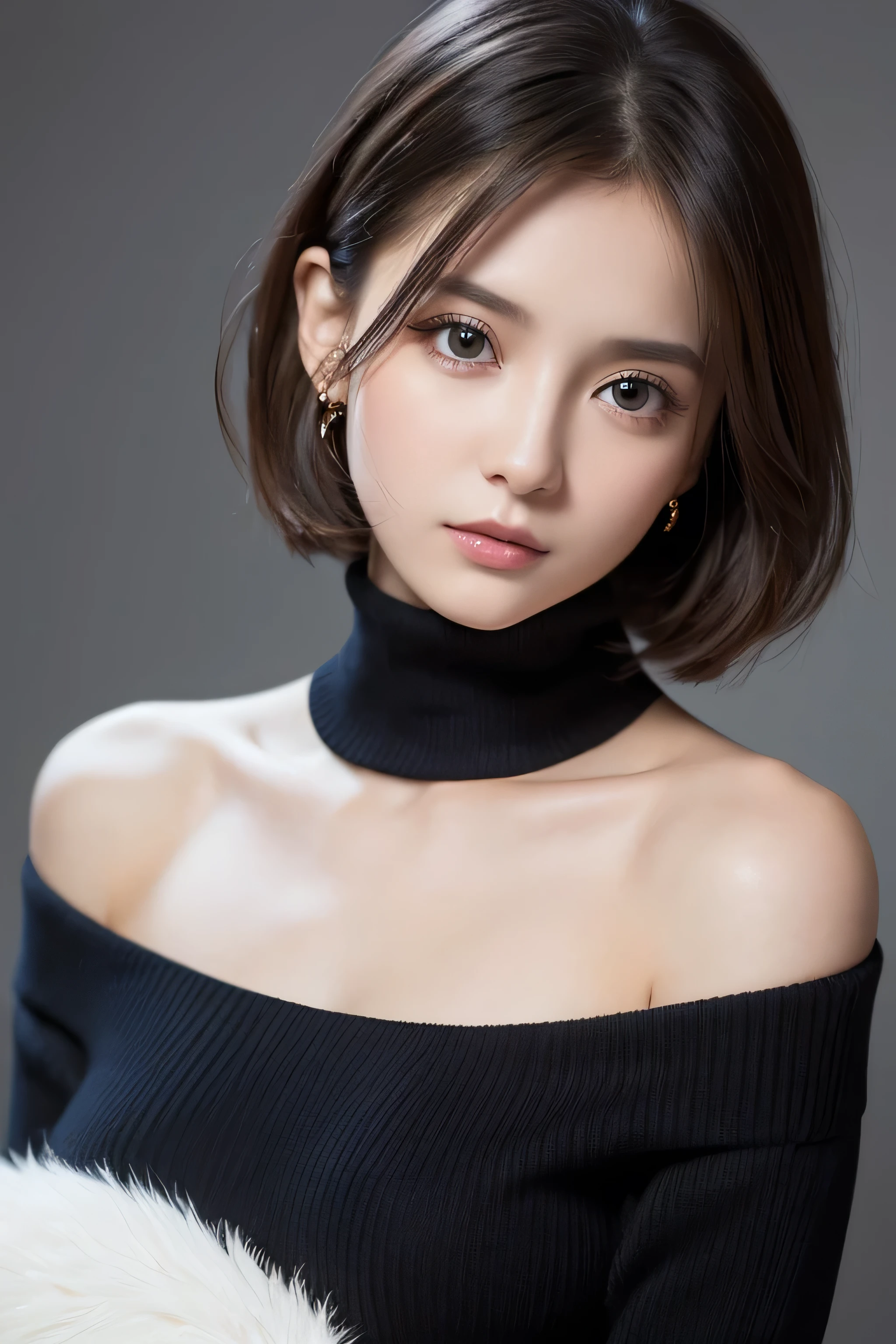 （best qualtiy，8K，32K，tmasterpiece，hyper HD：1.2），Beautiful Japanese woman in the photo，big cleavage breasts，Very short Bob hair，full bodyesbian，Oversized_Sweater，choker necklace，simple backgound，from the above，looking at viewert，