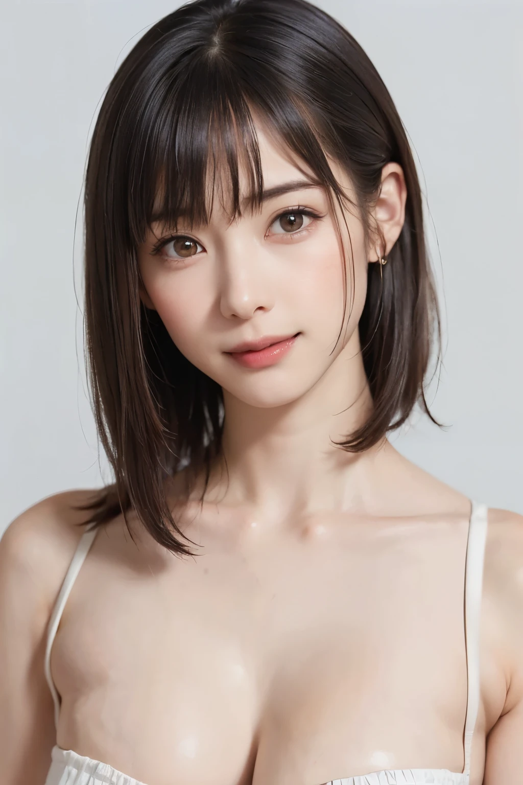 (table top, highest quality、ultra high resolution、face focus focus、Focus on the side、navel focus、decolletage focus、very attractive beauty、Add intense highlights to your eyes、look closely at the camera:1.4、Absolutely beautiful bangs:1.4、Brunette short bob hair with bangs:1.4),1 girl, Report, black haired, realistic, looking at the viewer, pale black eyes, short hair, lips, lip gloss, Upper body、Big eyes、eyelash)、((italian natural background、hyper real stick:1.4))、((short hair with bangs:1.4、Beautiful bangs with 46 points:1.4、{Huge|big|Hugeな|mega} chest:2, cleavage:2、Big eyes、Give students very powerful highlights、very bigger chest、look at the audience、very beautiful beauty、show me your ears、beautiful long neck、beautiful decollete、smile、A smilee beautiful teeth、Open your mouth and smilee))、28 years old、very cute super model、perfect anatomy