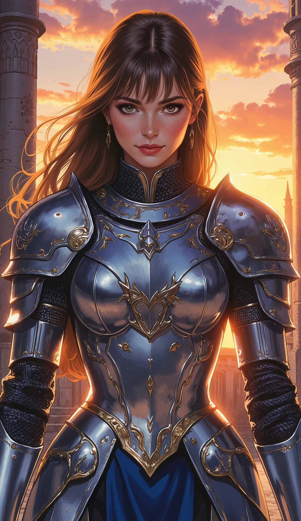 ((Anime-style "Fantasy-style(masterpiece:1.2), (best quality:1.2) (TOP QUALITY, HD, masterpiece:1.4)、((Handwriting、Watercolor Pencil Drawing )) photorealistic、Fine Art Performance, photorealistic、Fine Art Performance. ((8K, UHD, highly detailed), (cinematic lighting:1.2), (fantasy gacha game character:1.3), (epic composition:1.2), (dramatic sunset:1.1), (mystical aura:1.1), (windblown hair:1.1), (glowing effects:1.2)).
A mesma guerreira nobre e imponente de 1,90m, com idêntico design de armadura e detalhes, agora virada de frente, mantendo sua presença imponente e seu olhar resoluto. Seu olhar firme e nobre transmite sabedoria e força, enquanto seus cabelos castanho-claro com reflexos caramelo são suavemente movidos pelo vento crepuscular. Sua franja reta enquadra perfeitamente seu rosto aristocrático e simétrico, destacando seus olhos âmbar-dourados penetrantes. Pequenas sardas delicadas adornam seu nariz, junto com uma pinta abaixo do olho esquerdo e uma cicatriz sutil perto da boca, sugerindo experiências passadas em batalha.
Seu corpo atlético e musculoso, moldado por anos de treinamento, exibe uma silhueta em ampulheta poderosa. Sua armadura imponente de prata azulado e dourado, meticulosamente esculpida e sem joias, reflete a luz intensa do pôr do sol, fazendo os detalhes dourados brilharem como fogo sagrado.
Ela está em uma pose majestosa e serena, em uma visão full body, de frente, enquanto os raios do pôr do sol iluminam seu corpo com um brilho dourado. Sua expressão reflete determinação e contemplação, envolta na luz intensa que reforça a grandiosidade da cena.
O cenário é digno de um épico cinematográfico: o pátio de uma fortaleza medieval gótica, cercado por muralhas imponentes e entalhes ancestrais. O céu explode em tons vibrantes de laranja, rosa e roxo, enquanto nuvens douradas refletem os últimos raios de sol. A iluminação dramática destaca sombras e brilhos profundos sobre sua armadura.